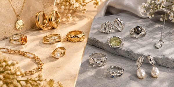 Gold vs silver jewellery featuring rings, necklaces, earrings and bracelets