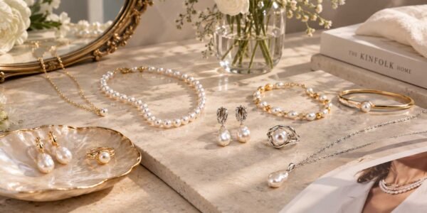 Elegant pearl jewellery with gold and silver rings, necklaces, earrings and bracelets
